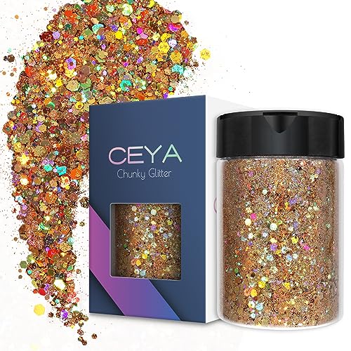 Ceya Holographischer grober Glitzer, 100g, Diamant-Gold-Glitzerpulver, gemischte feine Flocken, schillernde Nagel-Pailletten für Nagelkunst, Haare, Epoxidharz, Becher, Schleim, Festival-Dekor von ceya