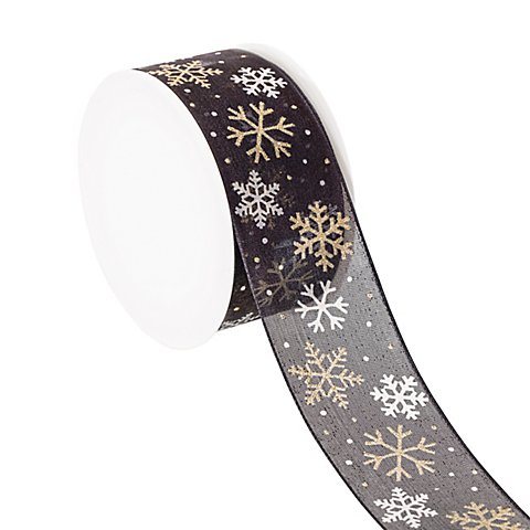 Chiffonband "Schneeflocken", schwarz-gold, 40 mm, 5 m