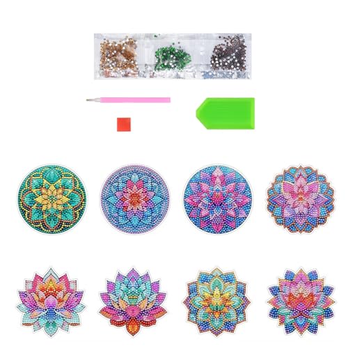 Diamond Painting Untersetzer,8 PCS 5D Kreativ Diamond Untersetzer Diamant Kunst Malerei Untersetzer mit Kork Pads Lotus Diamant Untersetzer Kits Handwerk für Kinder Alter 6-12 Erwachsene Anfänger von Semazz