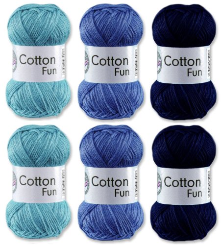 Gründl Cotton Fun Häkelgarn Schulgarn 100% Baumwolle SET 6 Blau Mix 6 Stück 300 Gramm