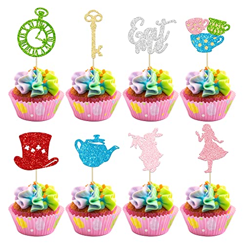 Gyufise 24 Stück Cupcake Toppers, Alice im Wunderland Cupcake Topper, Glitzernde Schale, Schlüsseluhr, Kuchendekoration für Babyparty, Geburtstagsparty-Zubehör von Gyufise