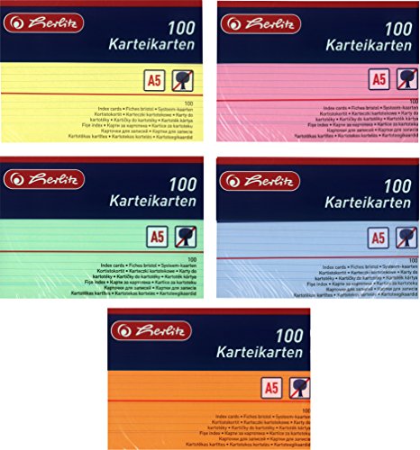 Herlitz Karteikarten A5, 170 g/m², holzfrei, 100er Packung, liniert (Gemischte Farben, 5 Packungen) von Herlitz