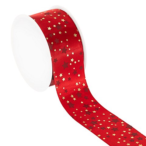 Satinband "Sterne", rot-gold, 38 mm, 5 m