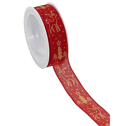 Stoffband "Rentier/Tannenbaum", rot-gold, 25 mm, 5 m von buttinette