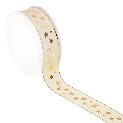 Stoffband "Sterne", creme-gold, 25 mm, 6 m