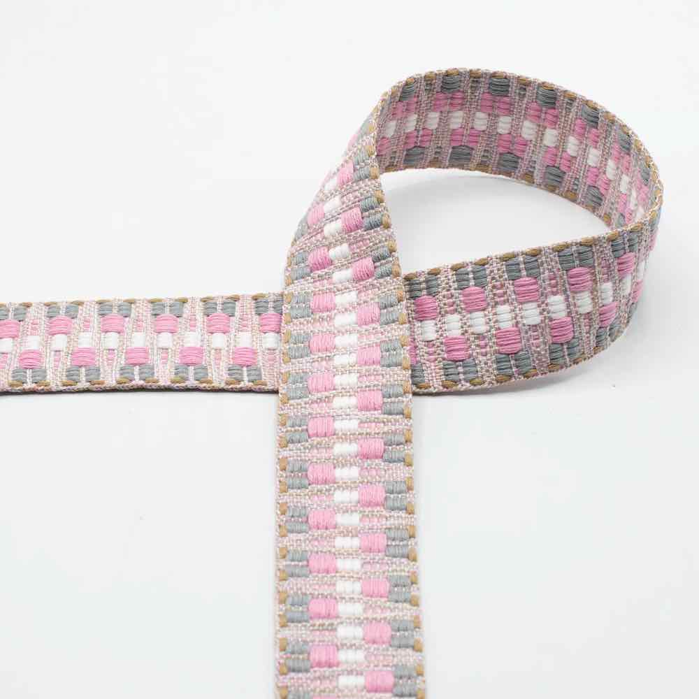 Taschenriemen / Gurtband mit Ethno Musterung - 4 cm Breite - 3 Meter - Rosa Grau