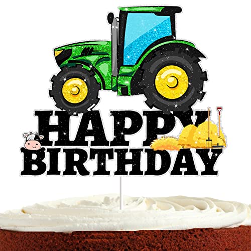 Traktor Tortenaufsatz für Jungen Mädchen Bauernhof Happy Birthday Thema Party Supplies Cowboy Kuh Kuchen Dekor Glitzer Grün Geburtstag John Deere Kuchendekorationen von Bijeoda