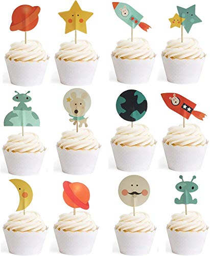 DIYASY 48 Stück Weltraum-Cupcake-Topper, Planet, Stern, Rakete, Mond und Alien Kuchendekorationen für Weltraum-Mottoparty. von DIYASY