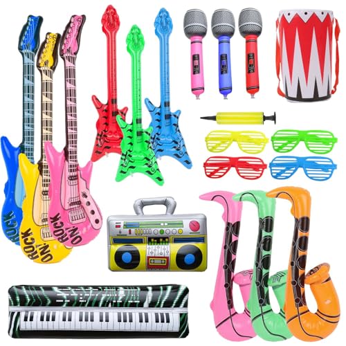 DIYASY Aufblasbares Musikinstrumente-Set, inklusive aufblasbarer Gitarre, Saxophon, Mikrofon, Bass, Radio, Keyboard, Trommel und Brille, 20 Stück von DIYASY