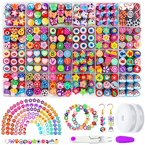 DIYDEC 480 Stück Polymer-Ton-Perlen, 24 Stil, niedliche Obstblumen, Smiley-Herz, Pilz-Ton-Perlen, Charms für Schmuck, Halskette, DIY-Armbandherstellungs-Set, Zubehör für Frauen und Mädchen von DIYDEC