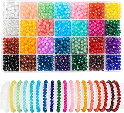 DIYDEC 840 Stück 6mm Bunte Glasperlen zum Basteln, 28 Farben runde Bunte Basteln Perlen Schmucksteine mit Loch für die Herstellung von Schmuck Armbänder DIY Handwerk von DIYDEC