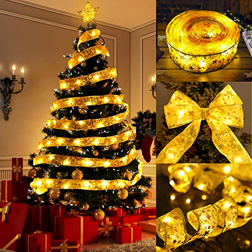 DIYDEC Weihnachtsband-Lichterkette, 4 m, 40 hellgoldene warme Weihnachts-Lichterkette, Lichterkette, Schleifen für den Innenbereich, Weihnachten, Urlaub, Party-Dekoration von DIYDEC