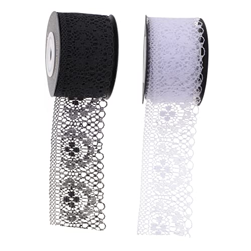 DIYEAH 2 Rollen Spitzen band Stoffband doppelt funkeln schwarzes Spitzenband weißes Spitzenband mit Randbesatz wickeln ribbon bandfeile Verpackungsband Geschenkband aus Spitze Polyester von DIYEAH