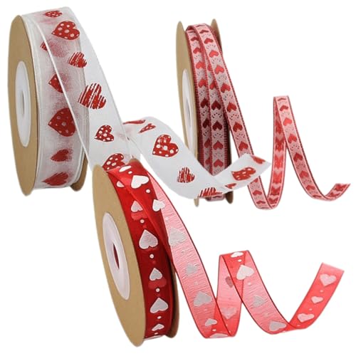 DIYEAH 4 Sätze Valentinstagband Sackleinen Liebe Hochzeitsband Verpackungsband Bögen Seidenband Ribbon Geschenkeband Bastelband Bänder Mit Herzmuster Polyester 3 Rollen * 4 von DIYEAH