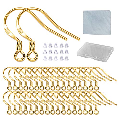 Gold Fishhook Ohrringhaken – 120 Stück/60 Paar 18 Karat Gold Hypoallergene Ohrdrähte Fischhaken für Schmuckherstellung, Schmuckteile mit 120 Stück Gummi-Ohrring-Verschlüssen Stopper für DIY-Ohrringe von DIYEAR