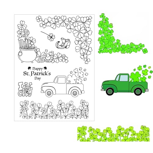 DIYology St. Patrick's Day Kleeblatt-Stempel für Kartenherstellung oder Tagebuch, Kleeblatt-Ecken, Pickup-Truck, Silikonstempel für Geschenkanhänger, Scrapbooking und andere Papierbastelarbeiten von DIYology