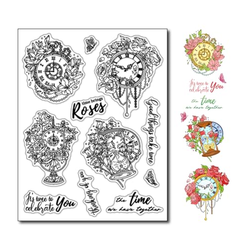 DIYology Uhr und Blumen Stempel für Kartenherstellung Uhr Rosen Kombination Silikon Stempel für Scrapbooking Fotoalbum Geschenkanhänger und andere Papierbastelarbeiten Dekoration von DIYology