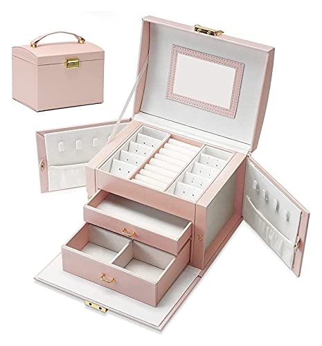 Aufbewahrungsbox, Schmuckschatulle, Ohrringe, Ringe, Schmuck-Organizer mit 2 Schubladen, tragbar, PU-Leder, kleines Schmuckaufbewahrungsetui mit Spiegel und Schloss, Geschenk für Box von DJFHDIHRFHBVCASIJ