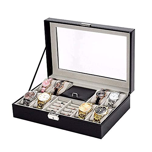 Uhrenbox-Organizer, transparente obere Abdeckung, Metallscharnier, schwarzes PU-Leder, 8 Fächer, Uhren-Aufbewahrungsbox, Schmuckschatulle, Armbanduhr-Box von DJFHDIHRFHBVCASIJ