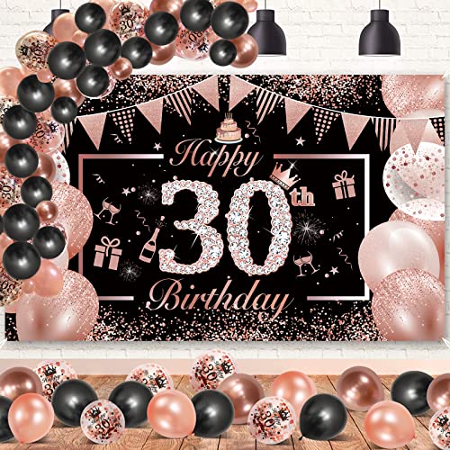 30 Geburtstag Frauen Banner Rosegold Schwarz, DJLLA Deko 30 Geburtstag Rosegold Banner 30 Geburtstag Latex Konfetti Luftballons 30. Geburtstag Banner Poster Hintergrund 190×120cm (74,8×47,2 ) von DJLLA