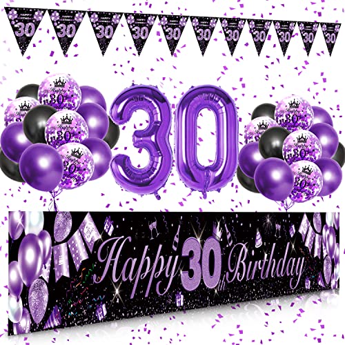 30 Geburtstag Frauen Lila Gold Schwarz, SWPEED 30 Geburtstag Extra Lange Happy Birthday Banner Girlande Wimpel (9 * 1.21 Füße), 30. Geburtstag Deko Banner Hintergrund und Latex Konfetti Luftballons von DJLLA