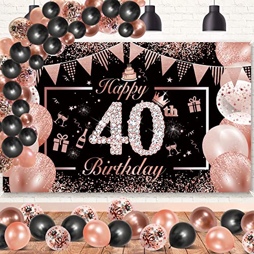 40 Geburtstag Frauen Banner Rosegold Schwarz, DJLLA Deko 40. Geburtstag Rosegold Banner, 40 Geburtstag Latex Konfetti Luftballons Banner Poster Hintergrund 190×120cm (74,8×47,2) von DJLLA