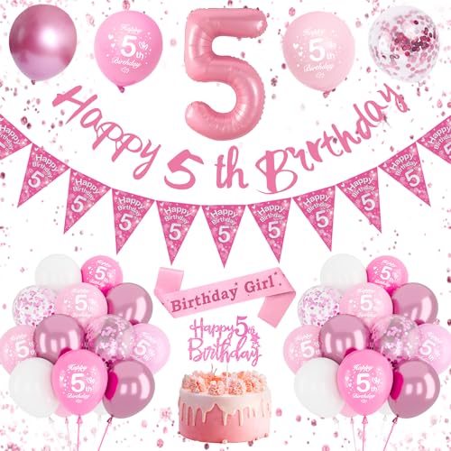 5 Geburtstag Mädchen, Luftballon 5 Geburtstag Rosa, Geburtstags Deko Mädchen 5 Jahre, 5 Geburtstag Mädchen Rosa, Geburtstags Deko Happy 5th Birthday Banner, Geburtstag Party Deko für Mädchen von DJLLA