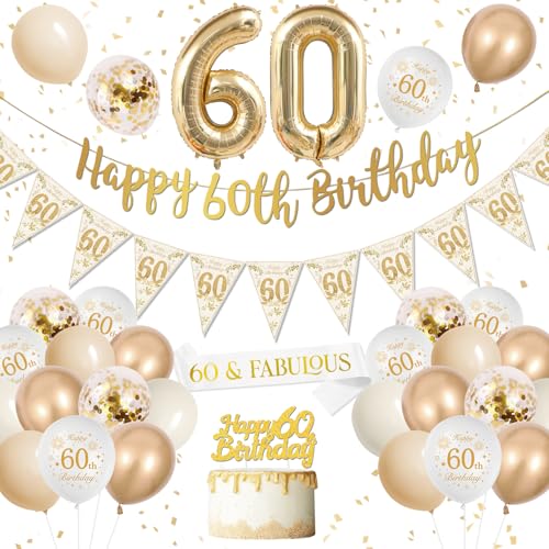 60 Geburtstag Frauen Deko, Luftballon 60. Geburtstag Deko, Luftballons 60 Weiß Gold, Deko 60 Geburtstag, Konfetti Luftballons Nummer 60 Folienballons Für 60 Geburtstag Frau Deko von DJLLA