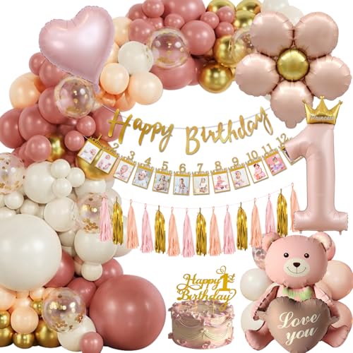 Deko 1. Geburtstag Mädchen, Geburtstagsdeko 1 Jahr Mädchen, Kindergeburtstag Luftballons 1. Geburtstag Retro Rosa und Gold Dekoration, 1 Geburtstag Deko Rosa, Happy Birthday Girlande Monat Foto Banner von DJLLA