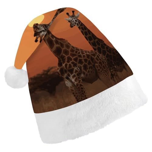 DJUETRUI Weihnachtsmütze, lustige Weihnachtsmütze, Giraffe bei Sonnenuntergang, Weihnachtsmütze für Erwachsene, weicher Plüsch, Weihnachtsmannmütze, bequem, Weihnachtsmütze von DJUETRUI