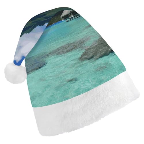 DJUETRUI Weihnachtsmütze, lustige Weihnachtsmütze, Tahiti-Strand-Weihnachtsmütze für Erwachsene, weicher Plüsch, Weihnachtsmannmütze, bequem, Weihnachtsmütze von DJUETRUI