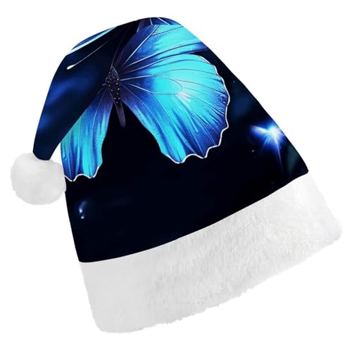 DJUETRUI Weihnachtsmütze, lustige Weihnachtsmütze, blauer Schmetterling, Weihnachtsmütze für Erwachsene, weicher Plüsch, Weihnachtsmannmütze, bequem, Weihnachtsmütze von DJUETRUI