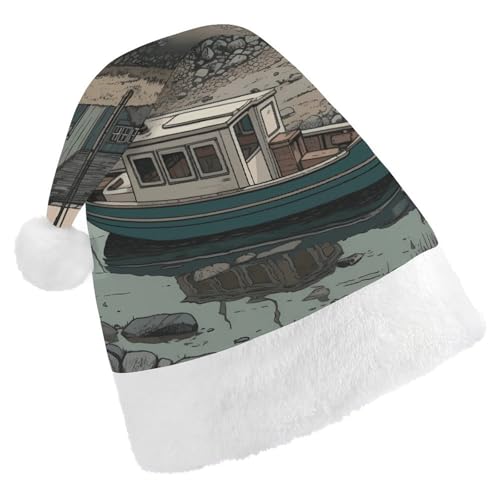 DJUETRUI Weihnachtsmütze, lustige Weihnachtsmütze, ein Boot auf dem Wasser, Weihnachtsmütze für Erwachsene, weicher Plüsch, Weihnachtsmannmütze, bequeme Weihnachtsmütze von DJUETRUI