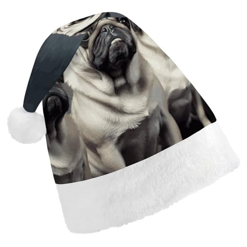 DJUETRUI Weihnachtsmütze, lustige Weihnachtsmütze, lustiger Mops, Hund, Weihnachtsmütze für Erwachsene, weicher Plüsch, Weihnachtsmannmütze, bequeme Weihnachtsmütze von DJUETRUI