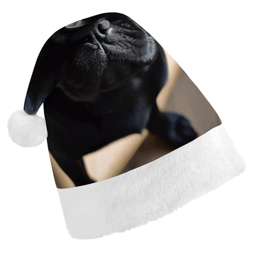 DJUETRUI Weihnachtsmütze, lustige Weihnachtsmütze, schwarzer Mops, Hund, Welpen, Weihnachtsmütze für Erwachsene, weicher Plüsch, Weihnachtsmannmütze, bequem, Weihnachtsmütze von DJUETRUI