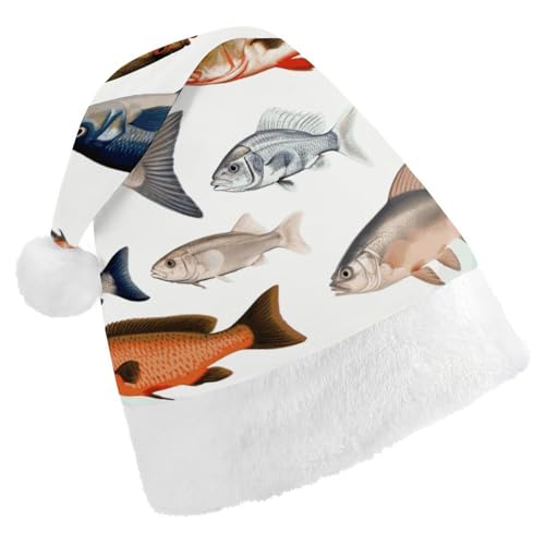 DJUETRUI Weihnachtsmütze, lustige Weihnachtsmütze, verschiedene Fische, Weihnachtsmützen für Erwachsene, weicher Plüsch, Weihnachtsmannmütze, bequeme Weihnachtsmütze von DJUETRUI