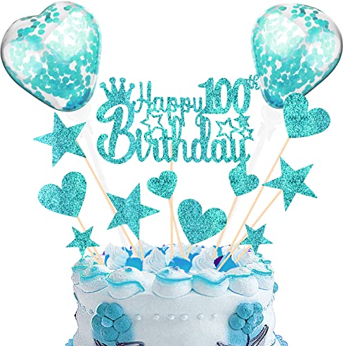 DKBT Tortendeko 100th Blau Kuchen deko Glitzer Happy Birthday Cake Topper Kuchendeko Geburtstagstorte für Geburtstagsfeier Jubiläum von DKBT