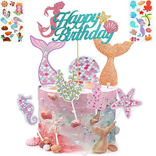 Meerjungfrau Tortendeko 11Stk Meerjungfrau Kuchen Deko Mädchen Happy Birthday Meerjungfrau Torten Deko Kindergeburtstag mit Meerjungfrauenflosse Sticker Meerjungfrau Schwanz Seestern für Mermaid Party von DKBT