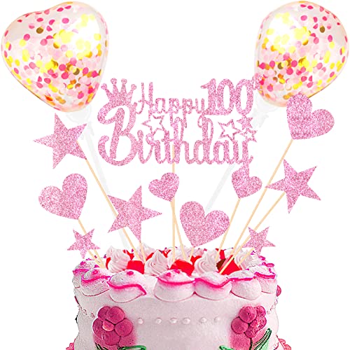 DKBT Tortendeko 100th Rosa Kuchen deko Glitzer Happy Birthday Cake Topper Kuchendeko Geburtstagstorte für Rosa Thema Geburtstagsfeier Jubiläum von DKBT