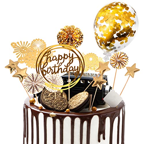 Tortendeko 13 stücke Kuchen deko Cake Topper kuchendeko Geburtstagstorte goldenen Papier Fans alles Gute zum Geburtstag Pailletten Ballon Feuerwerk Sterne für Gold Thema Geburtstagsfeier Jubiläum von DKBT