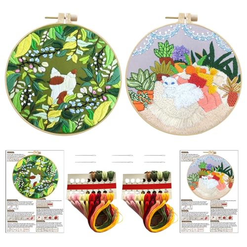 DKDDSSS 2 PCS Stickerei Set Anfänger, Katze Sticken Set, Erwachsene Stickerei Set, mit 2 Stück Bambus Stickrahmen, Anleitung, Farbfäden, für DIY Kunst, Handwerk, Sticken von DKDDSSS