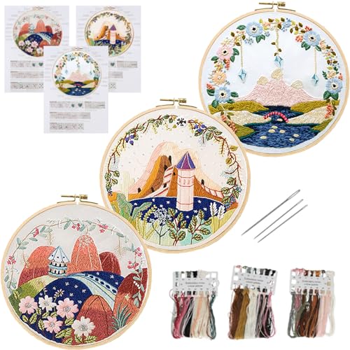 DKDDSSS 3-Teiliges Sticken für Anfänger, Landschaft Stickset für Anfänger, Stickset Erwachsene, Embroidery Kit mit Stickrahmen, Stickgarn Set, Vorgedruckte Muster und Anleitungen（Landschaftsmuster） von DKDDSSS