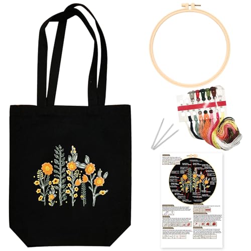 DKDDSSS Sticken für Anfänger Stofftasche Set, Stickset für Anfänger mit Muster und Anleitung, Sticken Set Erwachsene, Stickrahmen und Stofftasche mit Blumenmuster für Anfänger von DKDDSSS