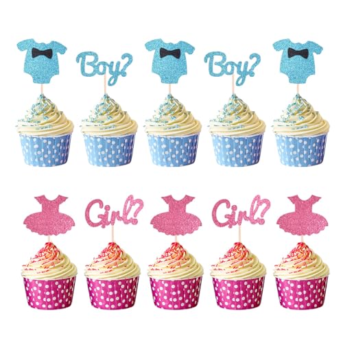 DKDXID 24 Stück Gender Reveal Torten Deko Geschlecht Offenbaren Kuchendeko Gender Reveal Cupcake Topper Boy or Girl Gender Reveal Party Junge Oder Mädchen Kuchen Deko Tortendeko Babyparty von DKDXID