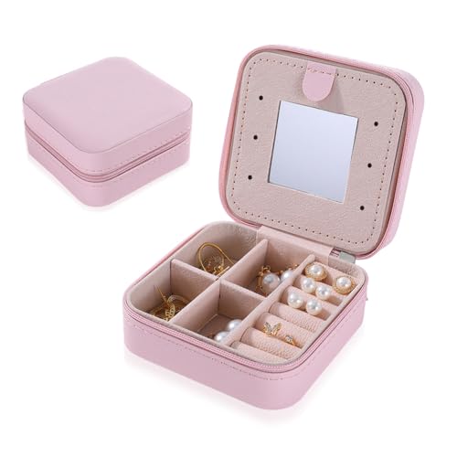 DKDXID Schmuckaufbewahrung Reise Schmuckkästchen Kleine Schmuckbox Mini Schmuckschatulle Damen Schmuck Reiseetui Leder Pu Schmuckkasten mit Spiegel Travel Jewelry Box Organizer Schmuckkoffer -Rosa von DKDXID