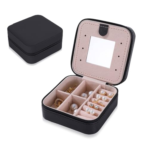 DKDXID Schmuckaufbewahrung Reise Schmuckkästchen Kleine Schmuckbox Mini Schmuckschatulle Damen Schmuck Reiseetui Leder Pu Schmuckkasten mit Spiegel Travel Jewelry Box Organizer Schmuckkoffer -Schwarz von DKDXID