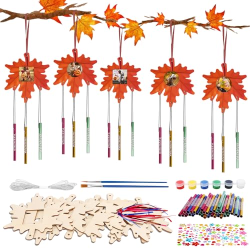 DKINY 10 Stück Ahornblatt Bilderrahmen Bastelset für Kinder Ahornblätter Windspiel aus Holz zum Basteln und Bemalen DIY Herbstblätter Holzfotorahmen Kreativeset Geschenk für Junge Mädchen Herbst von DKINY