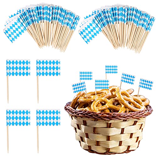 DKINY 100 Stück Oktoberfest-Zahnstocher Flaggen Bayerische Dekoration Blau Weiß Bayern Fahne Cupcake Toppers Oktoberfestsdeko Holzpicker Bierfest Geschirr Party Zubehör für Cocktail Obst Snack Würste von DKINY