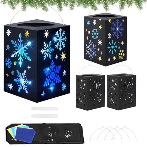 DKINY 4PCS Schneeflocken Laternen Bastelset Kinder Weihnachten Laternen zum Selber Basteln Schneeflocke Papierlaternen Bastelsets Weihnachtliches Laterne Basteln Kreativset Geschenk für Junge Mädchen von DKINY