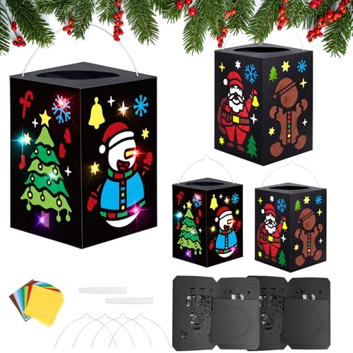 DKINY 4PCS Weihnachten Laternen Bastelset Kinder Laternen zum Selber Basteln DIY Weihnachtsmann Schneemann Weihnachtsbaum Papierlaternen Bastelsets Weihnachten Kreativset Geschenk Junge Mädchen von DKINY